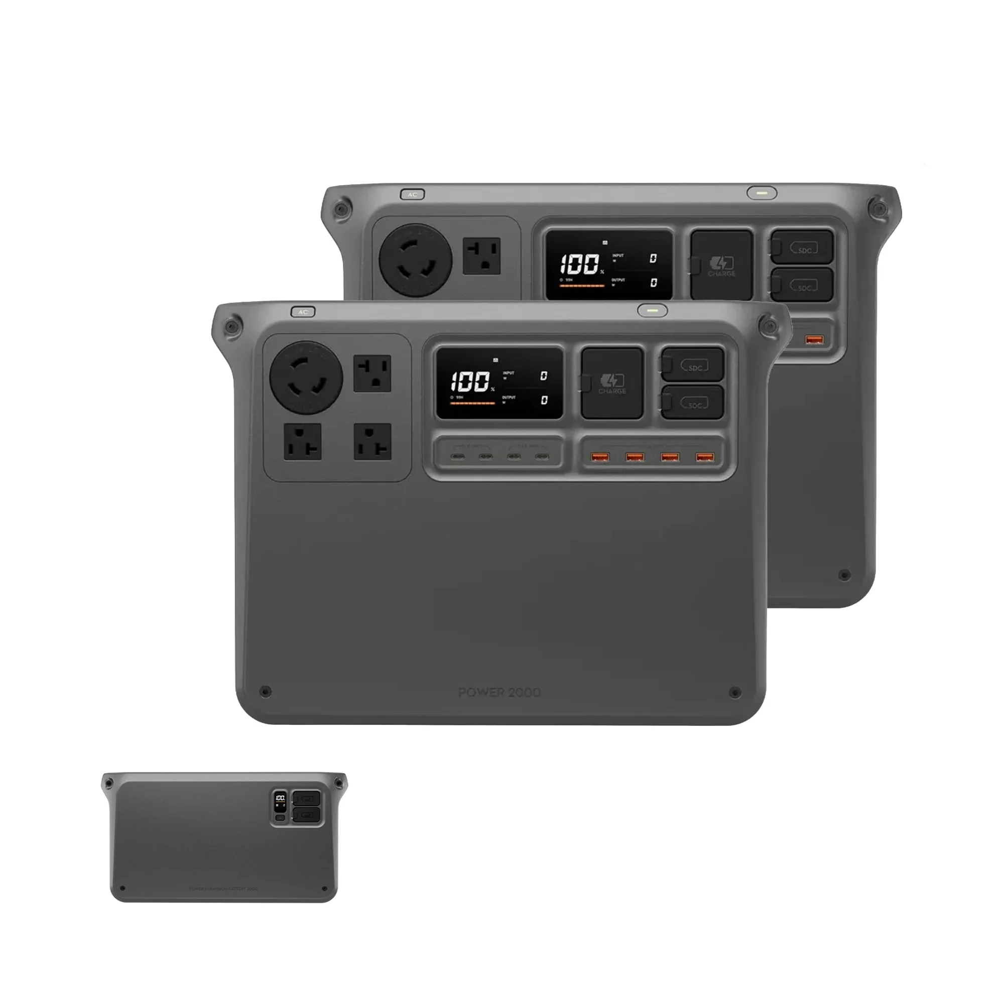 Two DJI Power 2000 units with one expansion battery below them