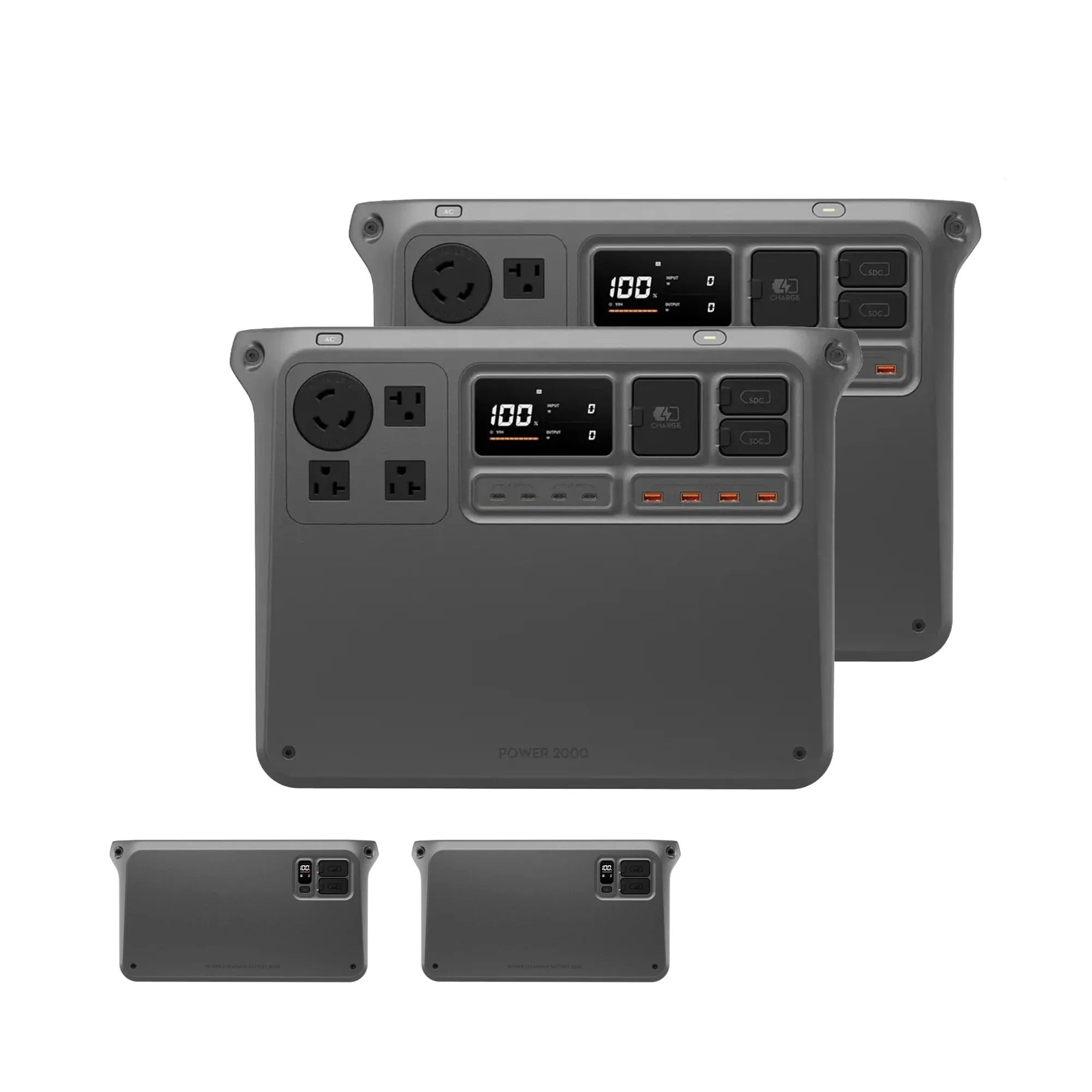 Two DJI Power 2000 units with two expansion batteries below them
