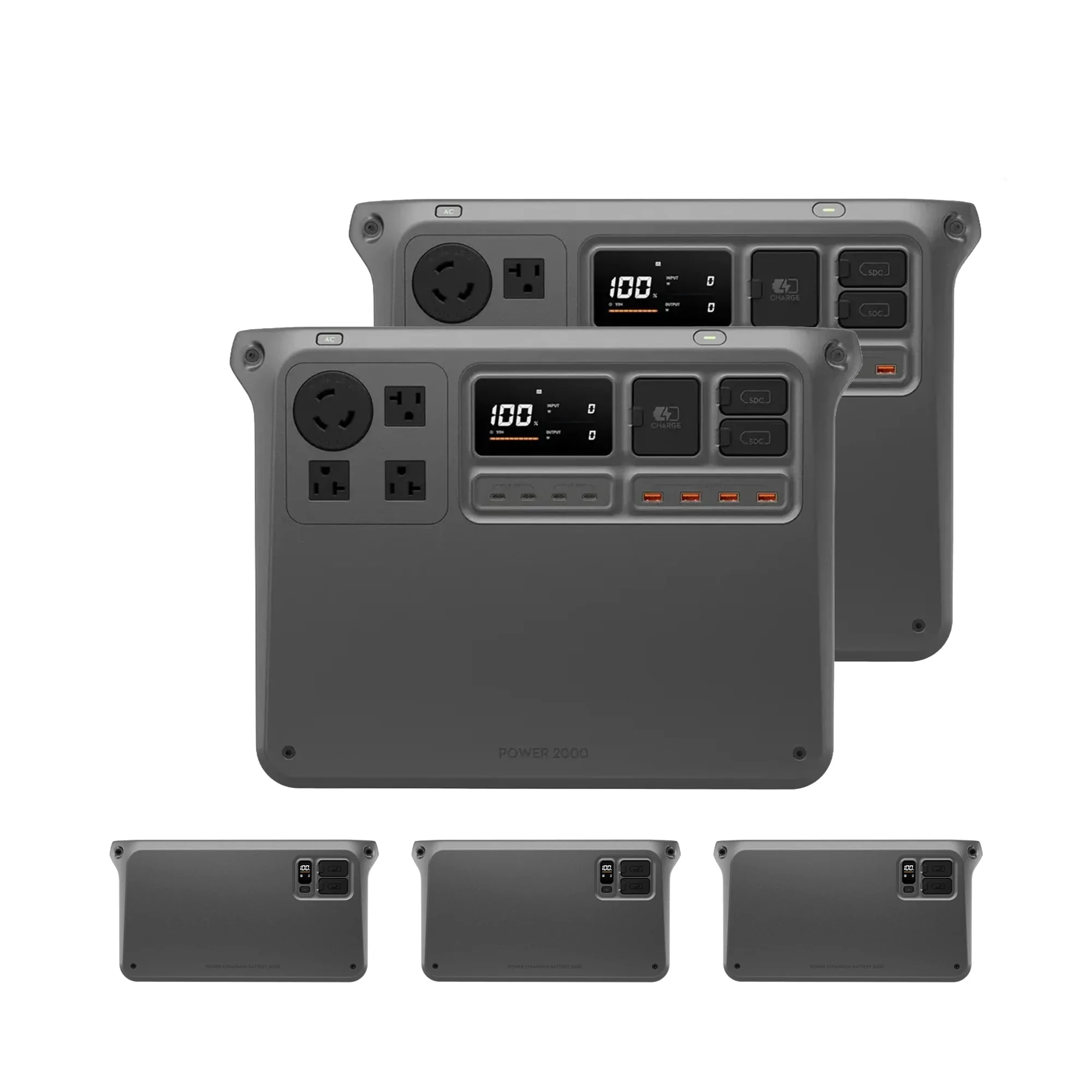 Two DJI Power 2000 units with three expansion batteries below them