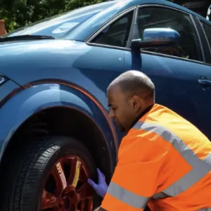 A mechanic changes a tyre in one of our transport films