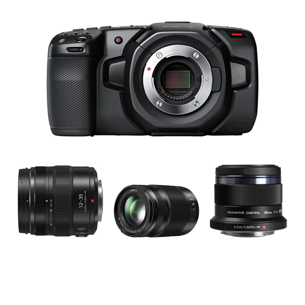 Blackmagic Pocket Cinema Camera 4K body with the three MFT lenses it hires with: the Panasonic Lumix 12-35mm f2.8, the Panasonic Lumix G X Vario 35-100mm f2.8 and the M.Zuiko Digital 45mm F1.8