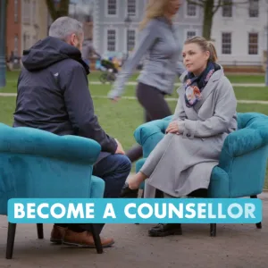 Two people sit in teal chairs during a Chrysalis branded social campaign film promoting career change and encouraging viewers to become a counsellor.
