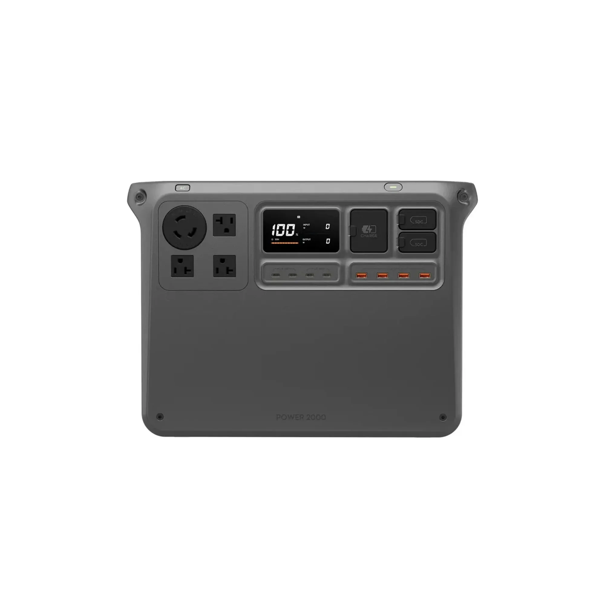 DJI Power 2000 portable power station, front panel with its mains sockets, USB ports and display