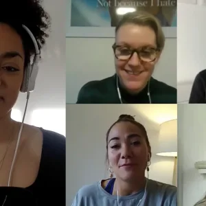 Screenshot of a virtual panel event with five speakers wearing headphones, filmed and produced by Floating Harbour for a Strava online event.