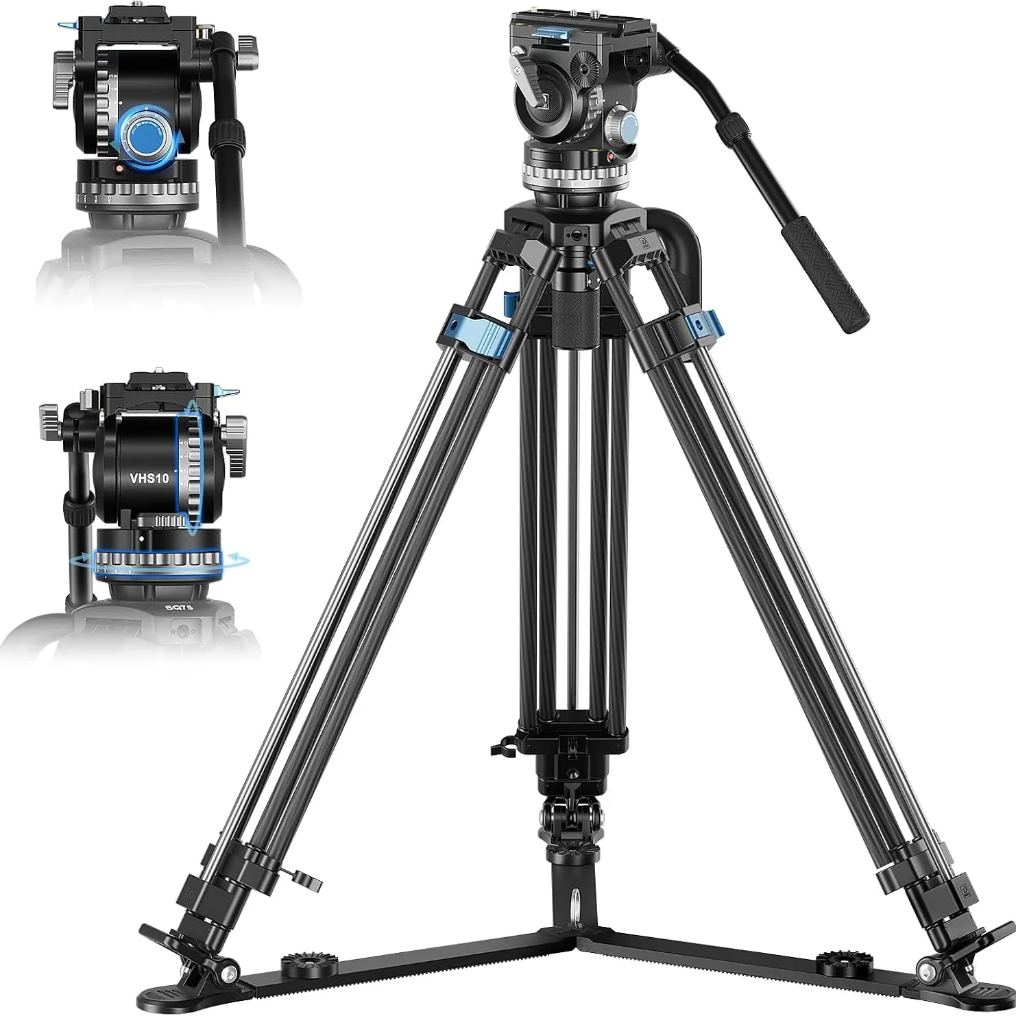 Sirui SQ75 twin leg tripod with VHS10 fluid head on its telescopic ground spreader
