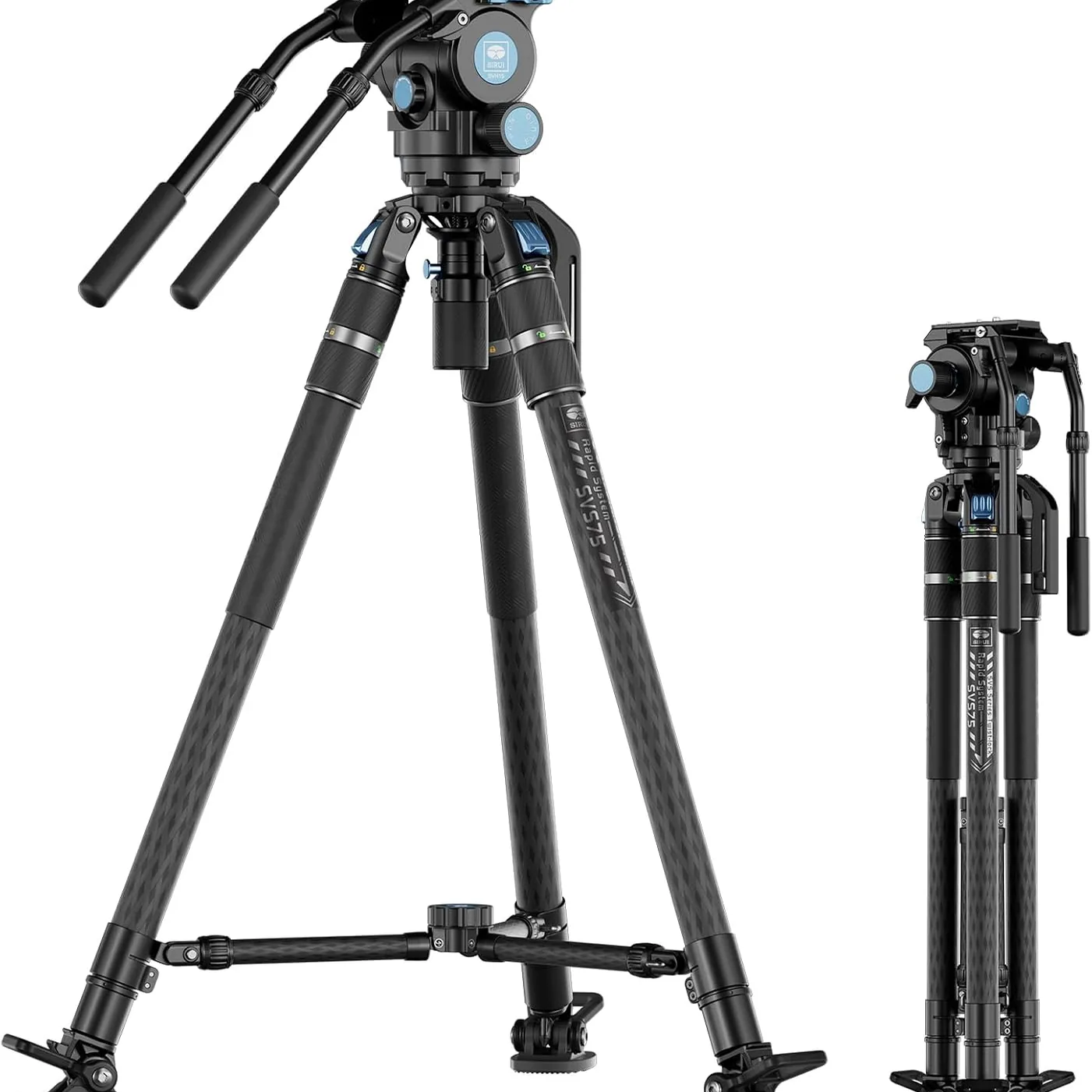 Sirui SVS75 carbon fibre tripod with SVH15 fluid head, set up and folded