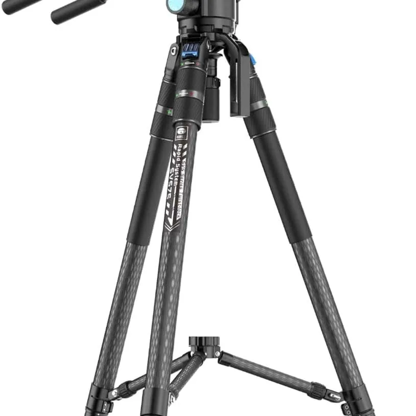 Sirui SVS75 tripod and SVH15 fluid head seen from the side with the pan bar fitted