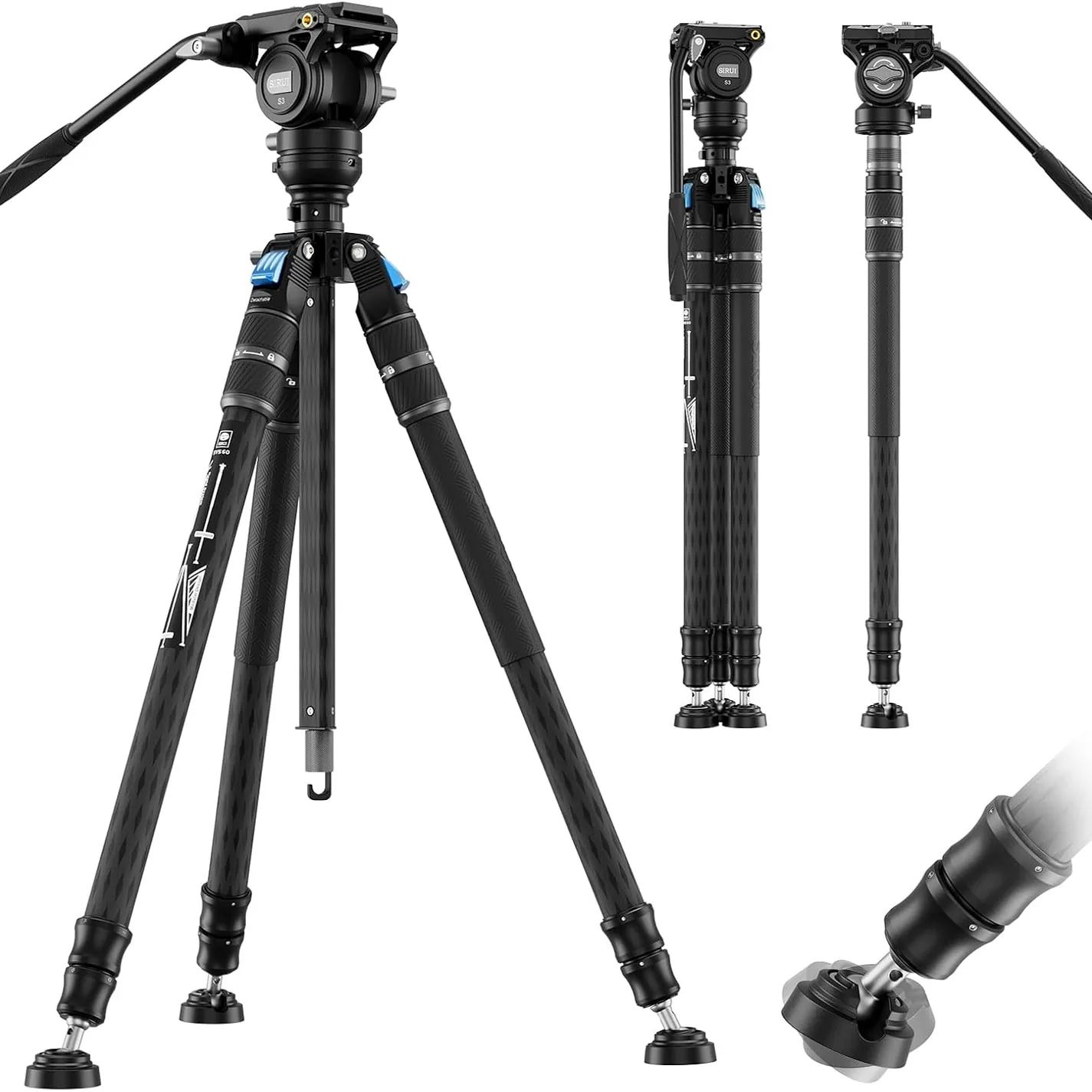 Sirui SVS75 tripod legs and SVH15 head shown assembled and packed down