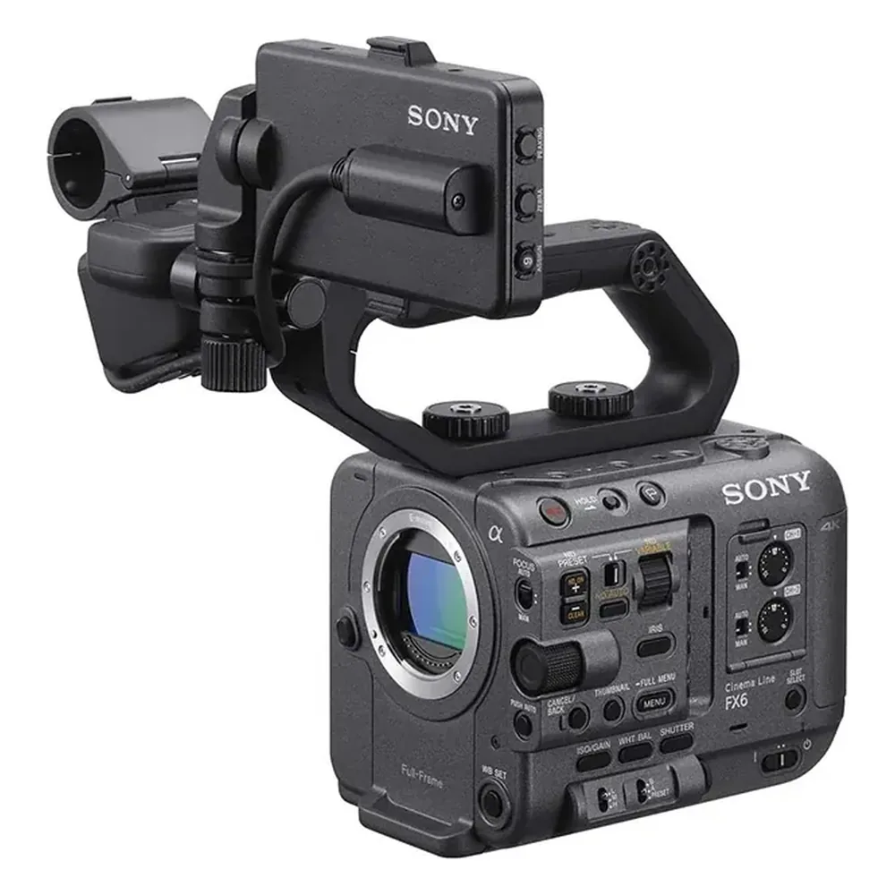Sony FX6 full-frame cinema camera, available to hire from Floating Harbour in Bristol, with its top handle and XLR unit fitted