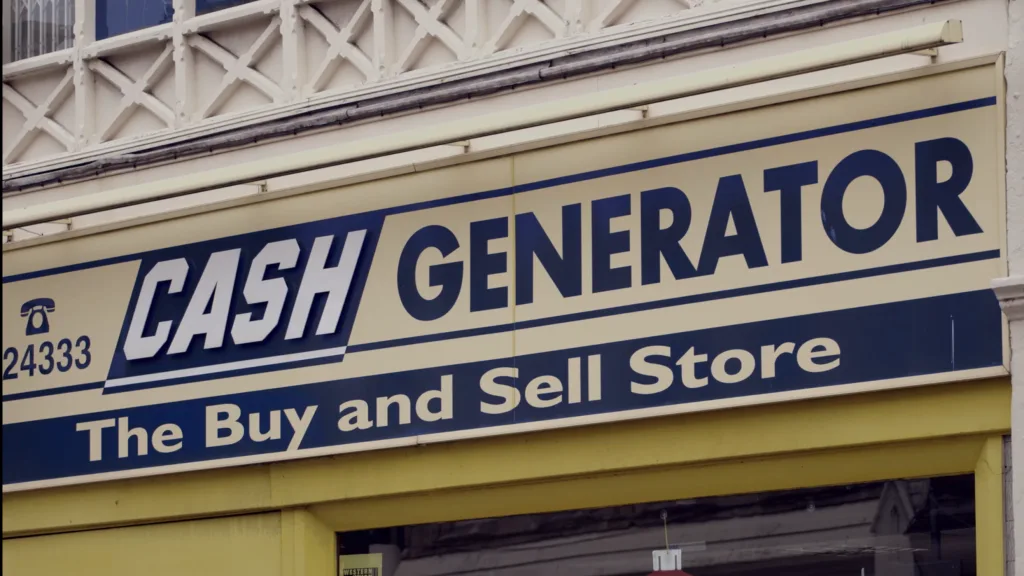 The exterior signage for a "CASH GENERATOR, The Buy and Sell Store" used in a shot in the BBC documentary film production, The War on Loan Sharks, Floating Harbour filmed with Drummer TV.