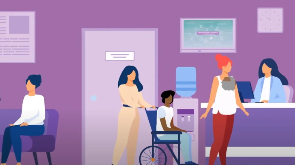 A purple and blue animation scene of a healthcare waiting room with diverse figures and a reception desk, used in the Tapcare animation and motion graphics project for Bristol University and The Survivors Trust.