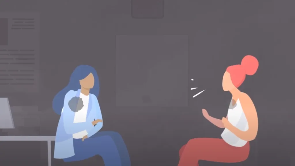 A doctor and patient still from the Tapcare animation made for Bristol University and The Survivors Trust, focused on Trauma Informed Healthcare