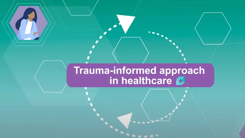 A teal and purple graphic titled "Trauma-informed approach in healthcare," which is a still from the Tapcare animation made for Bristol University and The Survivors Trust.
