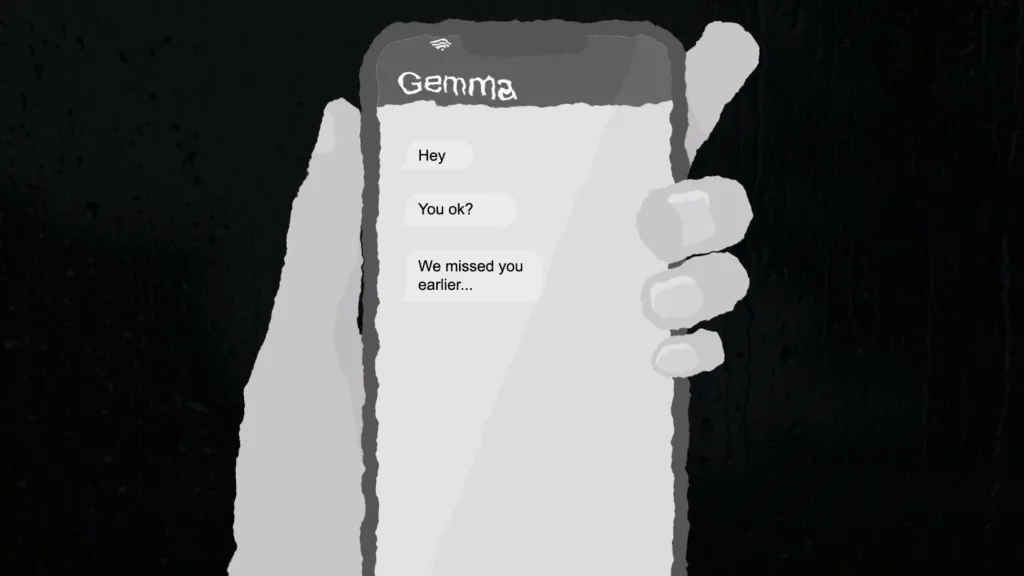 A stylised animation shows a hand holding a phone displaying concerned messages from a friend, created by Floating Harbour for a University of Bristol film addressing sexual violence support for students.