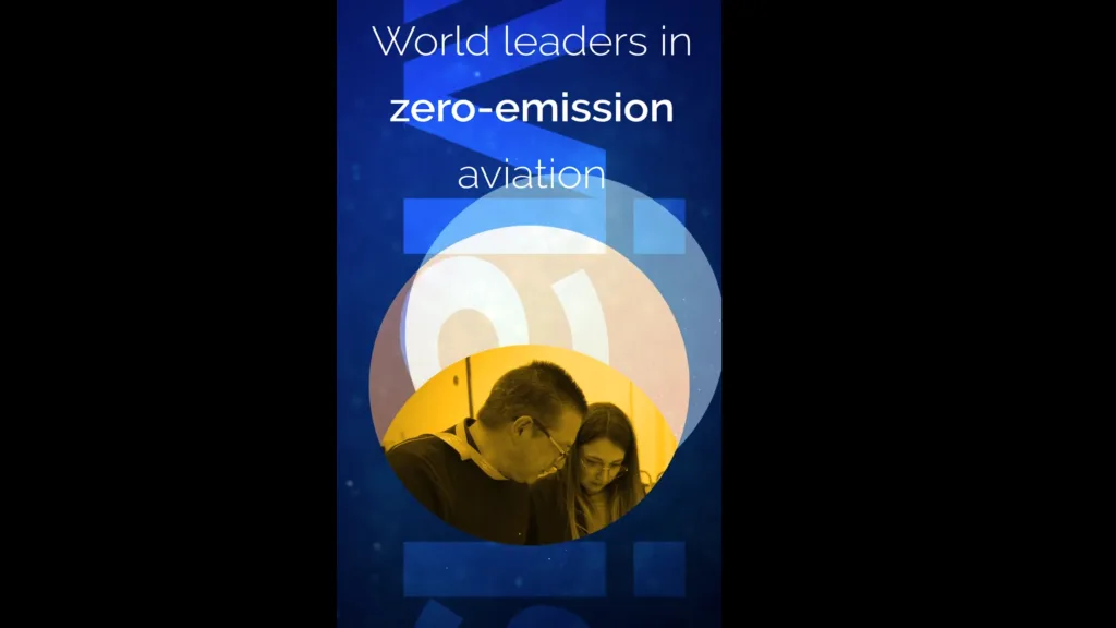 A vertical exhibition screen graphic for ZeroAvia highlighting world-leading zero-emission aviation, featuring a circular cutout showing two engineers working together, created by Floating Harbour for a looping display film.