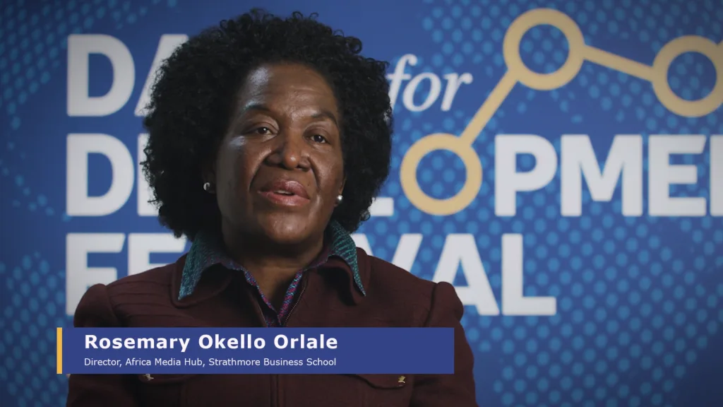 Interview film still featuring Rosemary Okello Orlale, Director of the Africa Media Hub at Strathmore Business School, speaking at the Data for Development Festival.