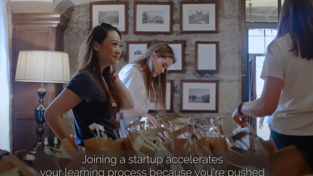 ZeroAvia staff prepare gift bags during a team offsite, shown in a recruitment film highlighting startup culture, collaboration and professional growth.