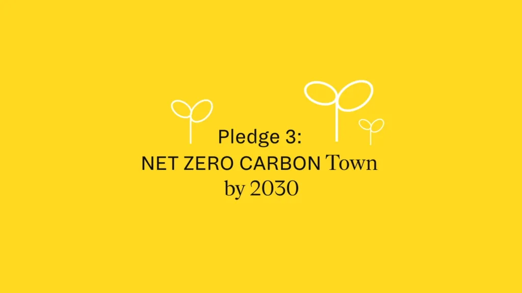 A vibrant yellow graphic with white line-art saplings, featuring the text "Pledge 3: NET ZERO CARBON Town by 2030," produced using animation and motion graphics for Argent's Brent Cross development film.