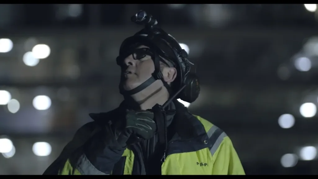 A steelworker wearing safety gear and a helmet light during night-time operations on a Severfield construction site in London, filmed by Floating Harbour for a safety and training film.