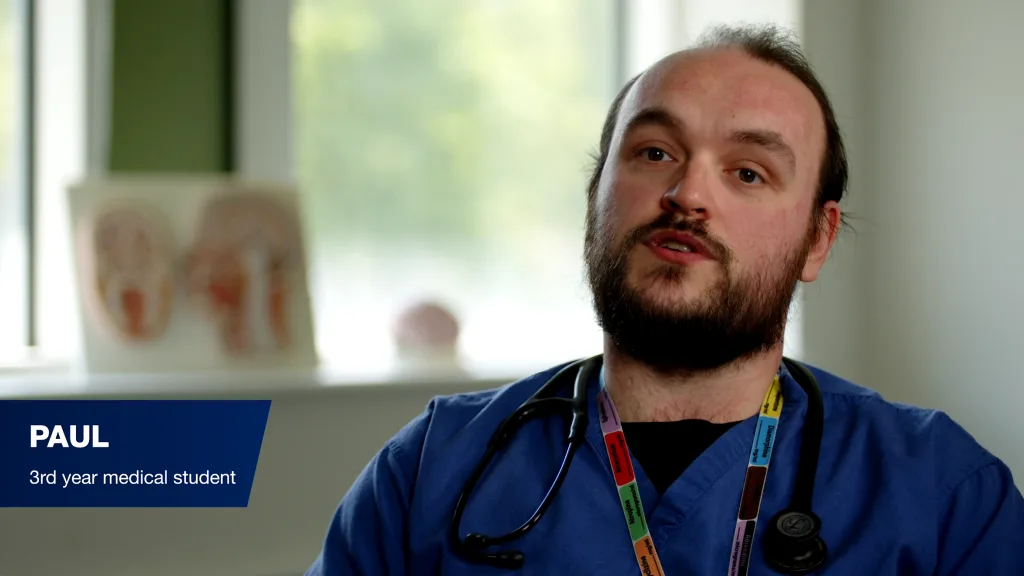 A 3rd year medical student being interviewed on camera at Bristol Medical School, filmed by Floating Harbour as part of a documentary-style education video production.