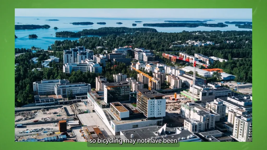 An aerial view of Helsinki’s waterfront and urban districts, used within a Climate-KIC documentary film produced by Floating Harbour.