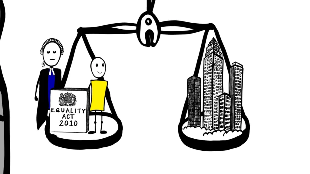 A black and white animation illustrating a set of scales balancing the Equality Act 2010 against a collection of business buildings, created for Cardiff Business School's animation and motion graphics project, Disability Talking.