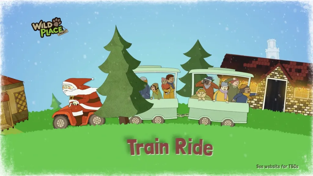 Animated Christmas scene for Wild Place showing Santa driving a train ride with children.
