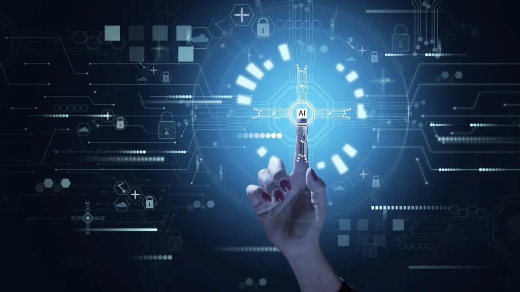 Hand touching a glowing AI icon on a digital interface showing data and cyber security elements.