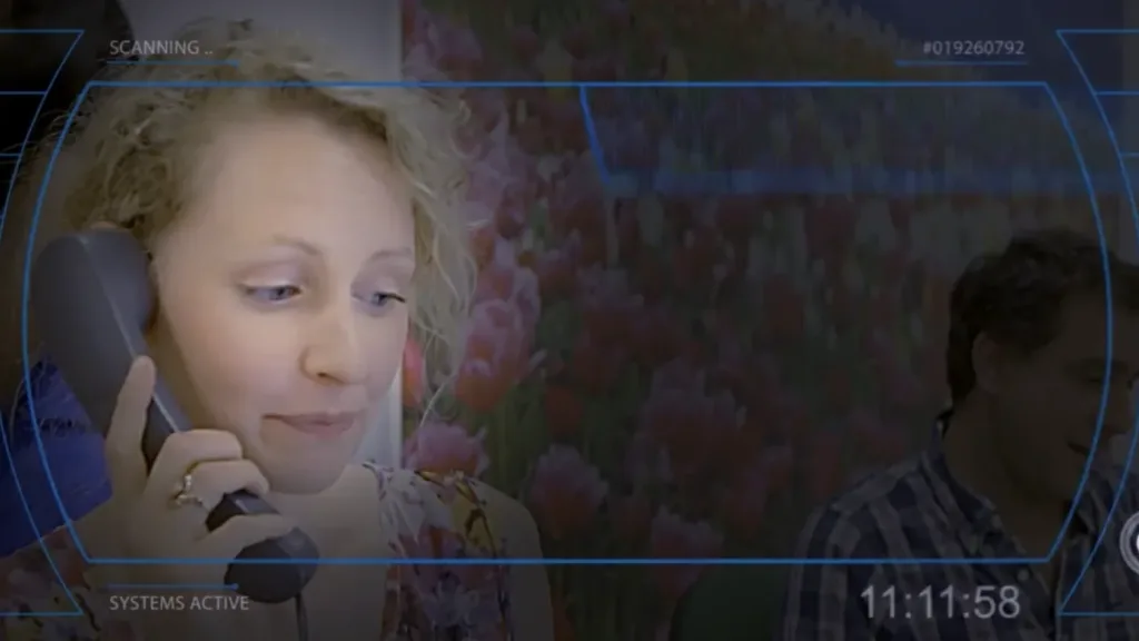 Woman on a phone call with a futuristic scanning graphic overlay on screen