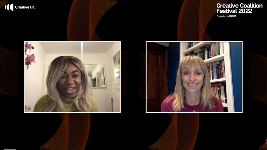 Two women speak in an online Creative Coalition Festival 2022 session with branded graphics