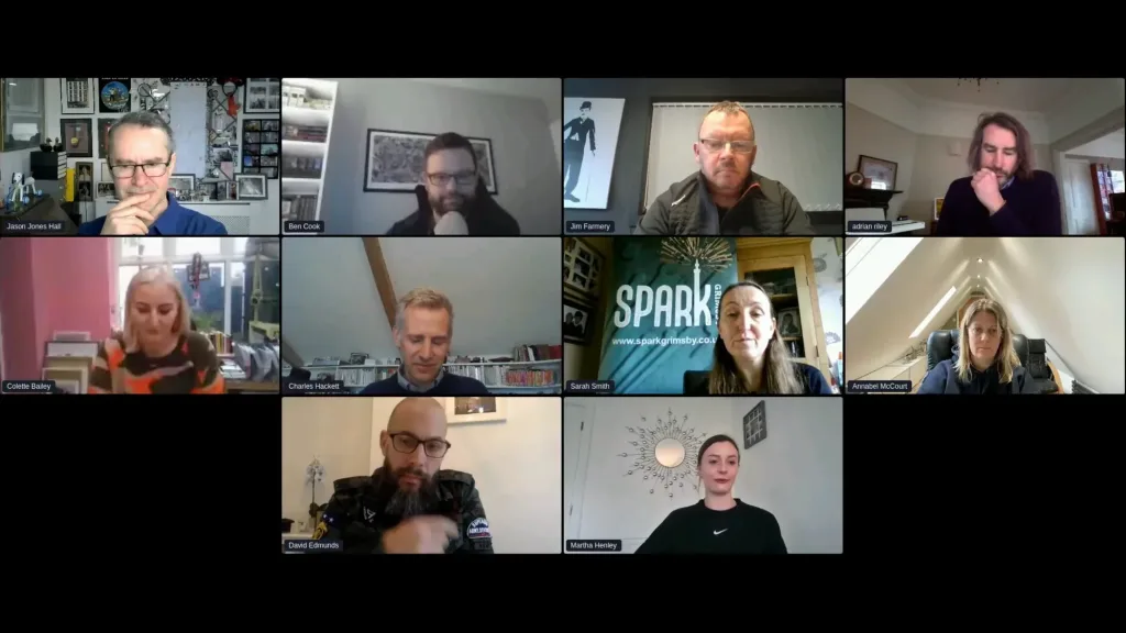 Online panel discussion in a multi-participant Zoom call recorded by Floating Harbour, featuring speakers in separate home or office environments during a virtual session.