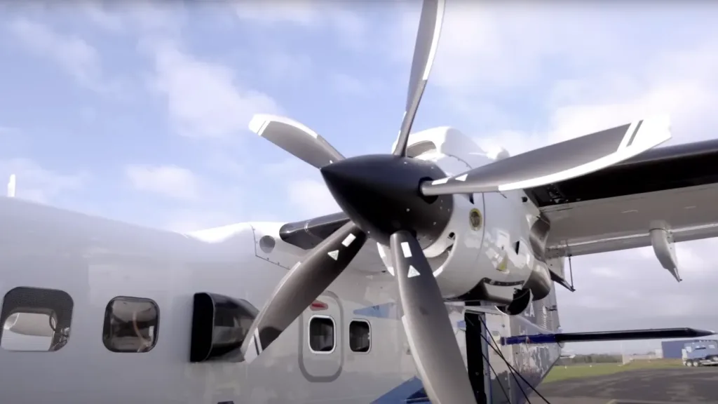 Close up of the ZeroAvia Dornier 228 propeller system during ground testing, filmed by Floating Harbour.