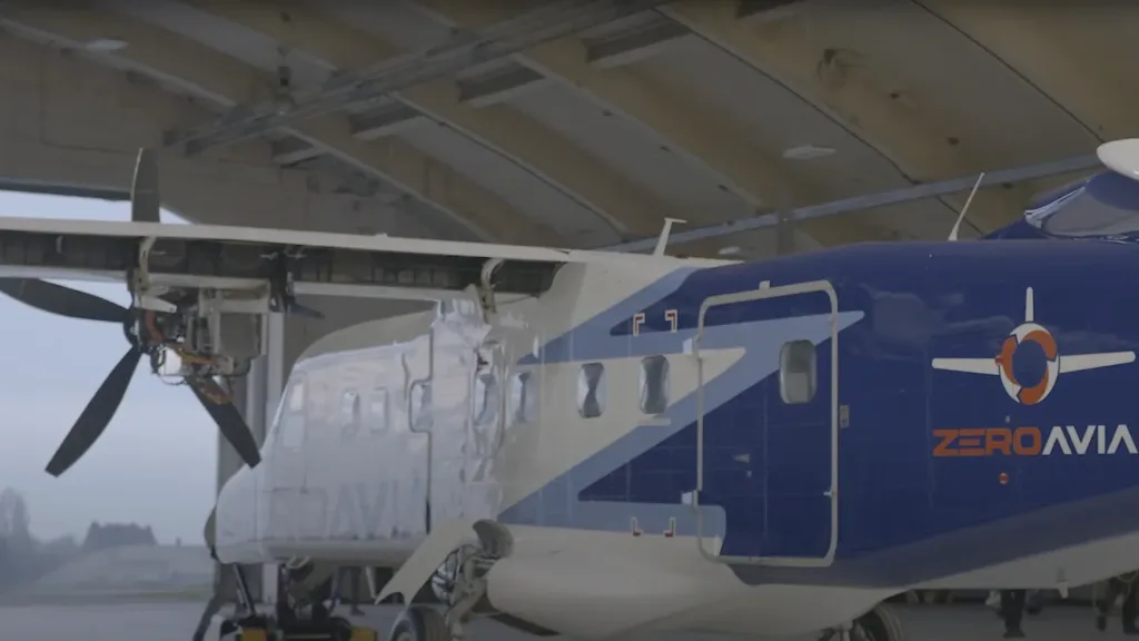 ZeroAvia hydrogen-electric aircraft inside a hangar during a Floating Harbour film shoot.