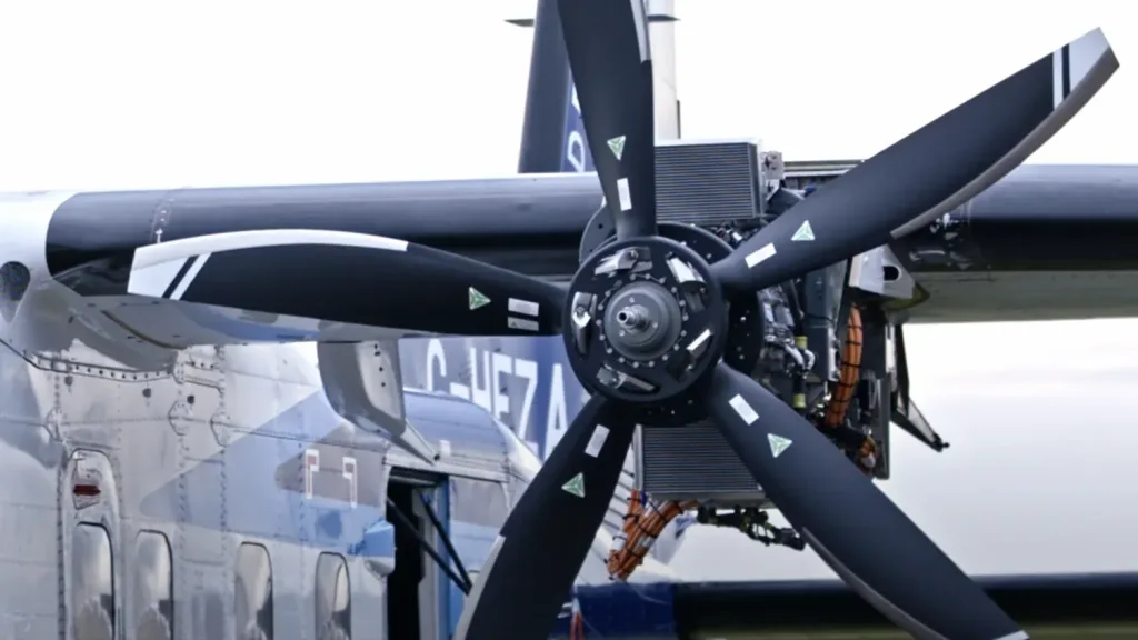 Close up of ZeroAvia’s hydrogen-electric Dornier 228 propeller system filmed by Floating Harbour, showing the advanced multi-blade design and powertrain detail.