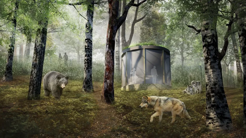 Concept render showing a forest wildlife enclosure with a bear and wolves near a modern viewing shelter.