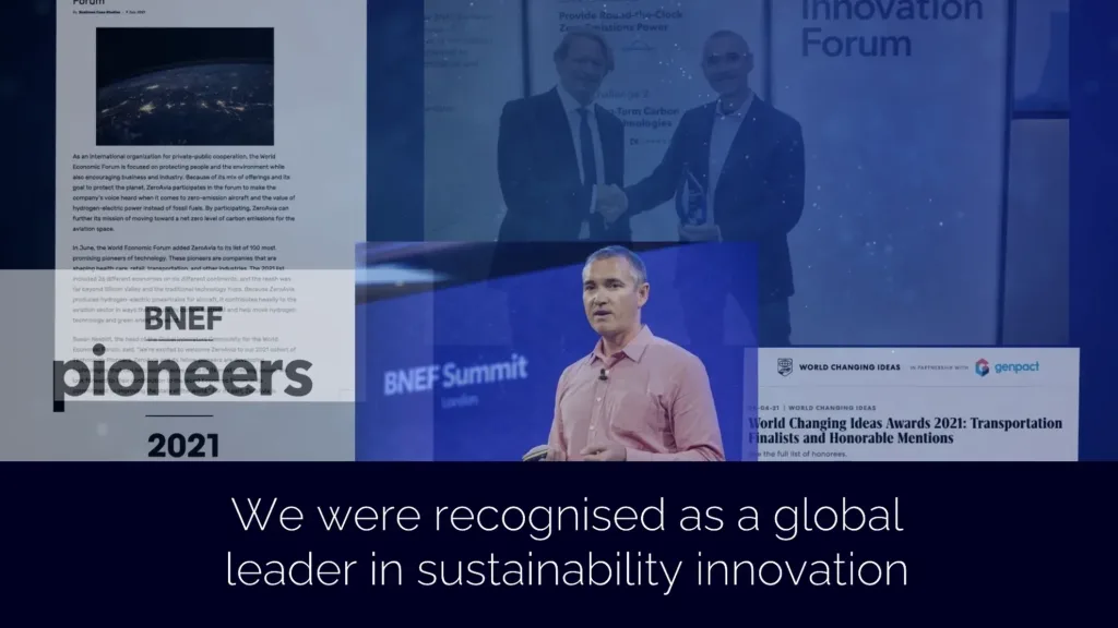 ZeroAvia presentation at a BNEF Summit with award graphics and sustainability recognition headlines, highlighting the company as a global leader in clean aviation innovation, filmed by Floating Harbour.