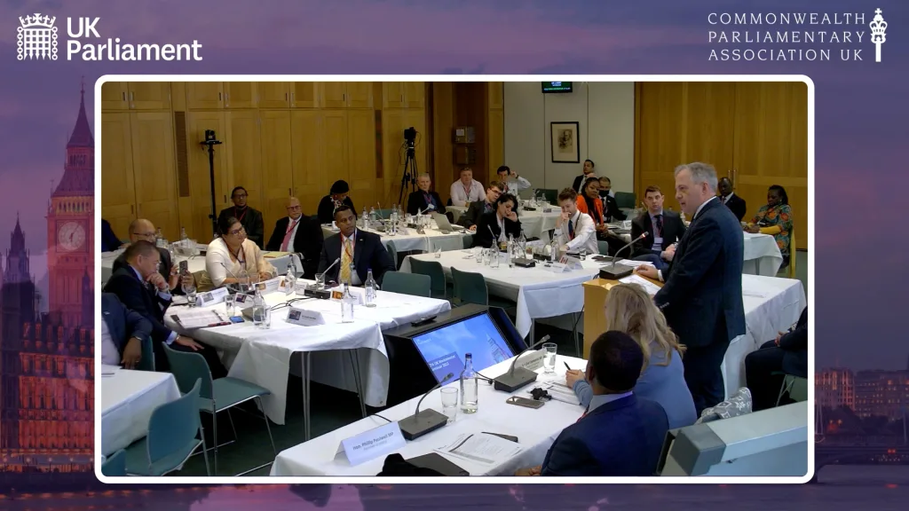 Still from Westminster Seminar on Evolving Parliaments 2022 event film - Floating Harbour film production