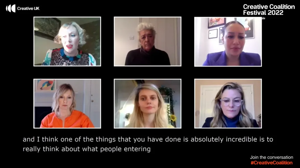 Six speakers appear in a virtual panel layout with Creative Coalition branding on a black background