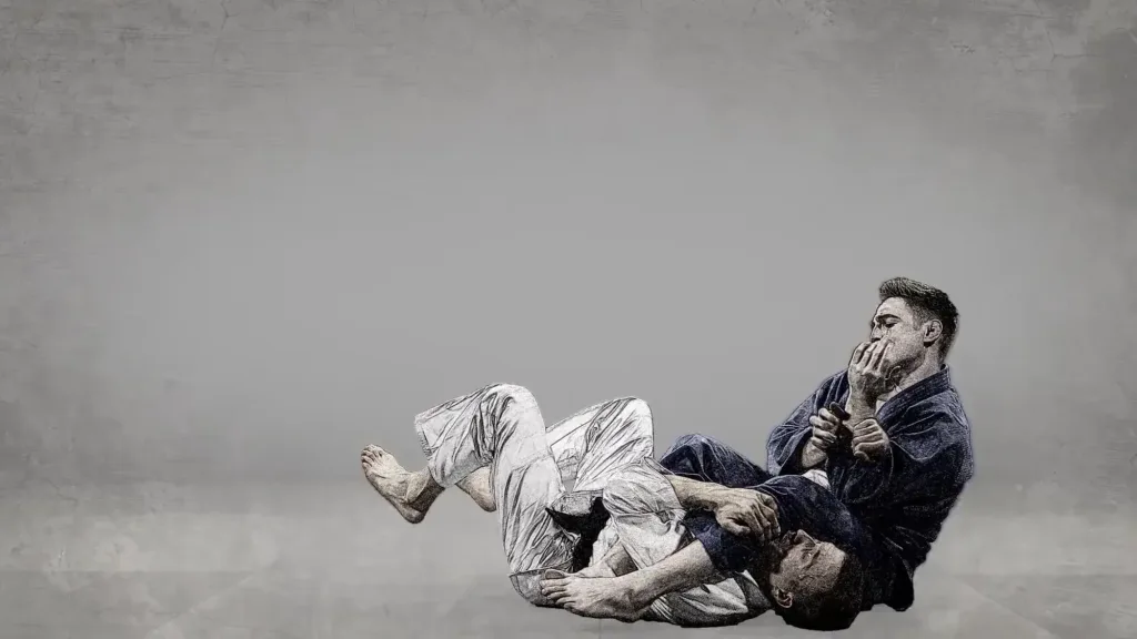 Two judo athletes grapple on the mat in an illustrated style with a grey textured background