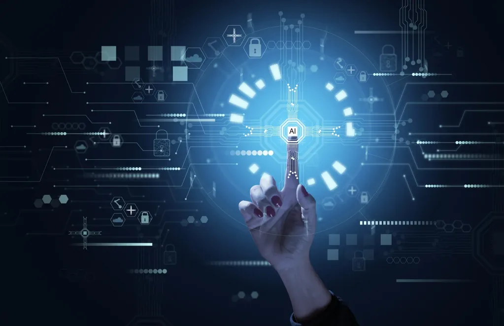 Hand touching a glowing AI icon on a digital interface showing data and cyber security elements.