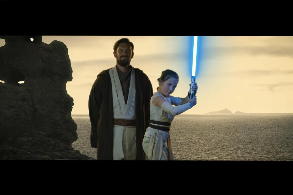 Star Wars stlye dad and daughter with light saber