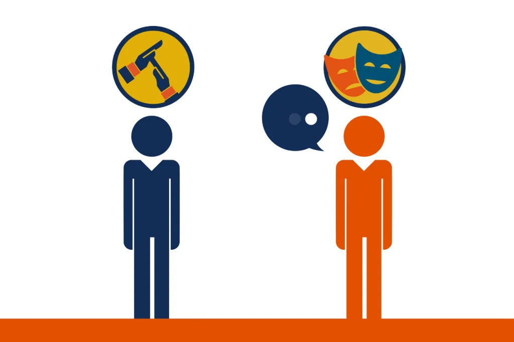 A blue and orange graphic with imagining bubbles speaking to one another, used in the animation for the Network Rail Leader Business Simulation online learning tool.