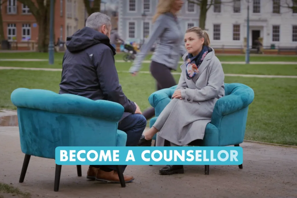 Two people sit in teal chairs during a Chrysalis branded social campaign film promoting career change and encouraging viewers to become a counsellor.