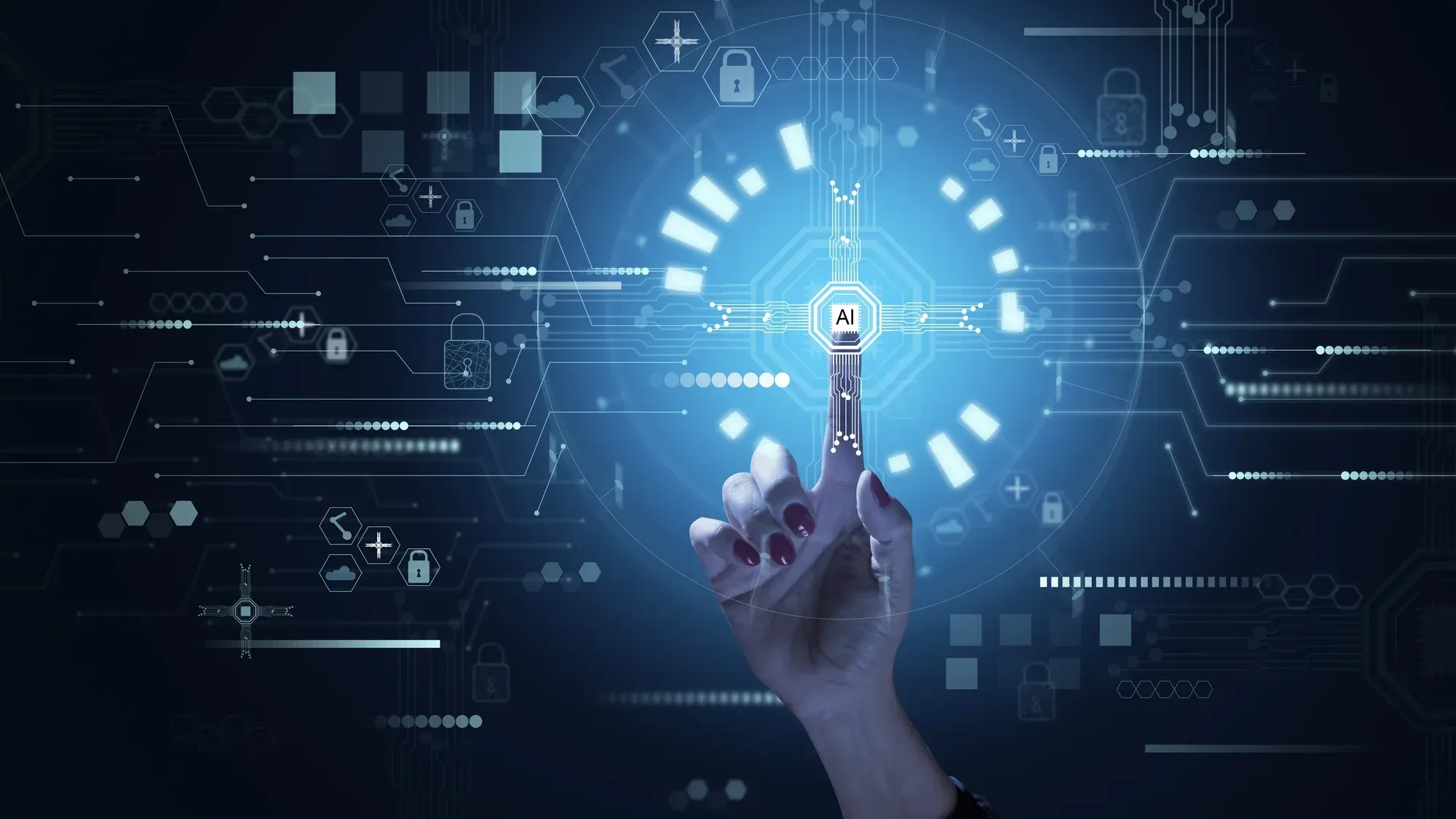 Hand touching a glowing AI icon on a digital interface showing data and cyber security elements.