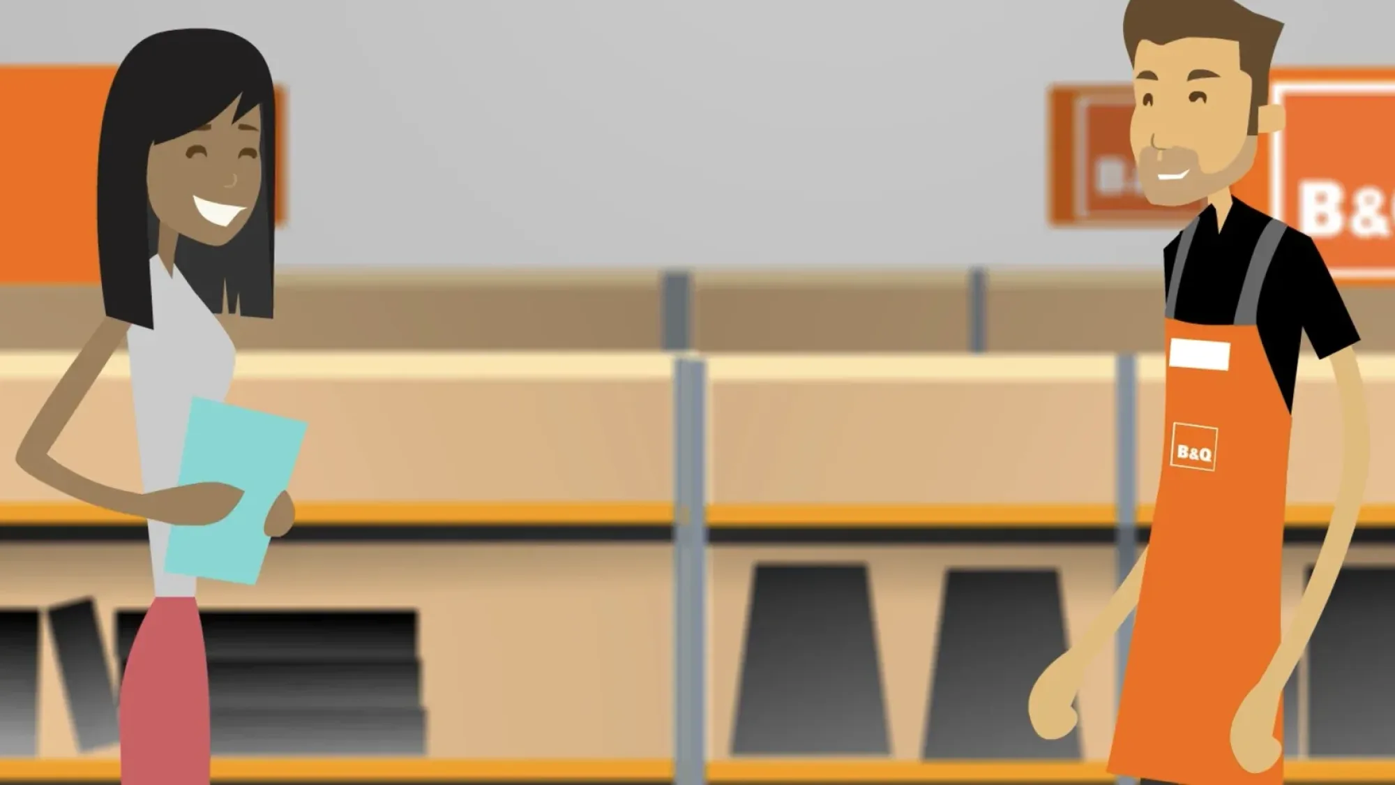 Animated B and Q staff member talking to a smiling customer in a store aisle