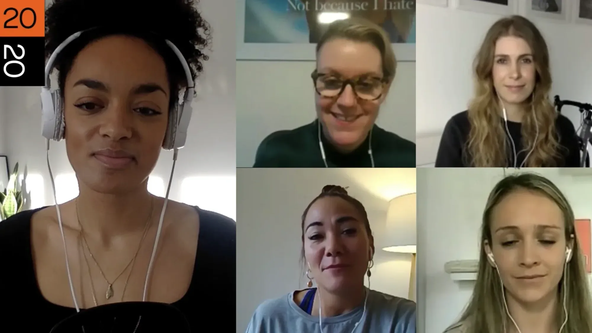 Screenshot of a virtual panel event with five speakers wearing headphones, filmed and produced by Floating Harbour for a Strava online event.