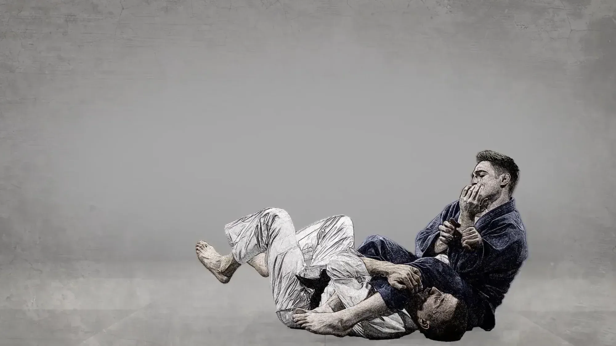 Two judo athletes grapple on the mat in an illustrated style with a grey textured background