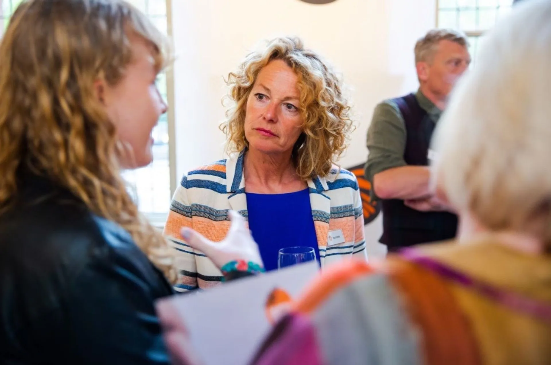 Wildlife presenter and WFN Ambassador Kate Humble engages in conversation during the pre-ceremony reception at the Whitley Awards, providing context for live stream production in London.