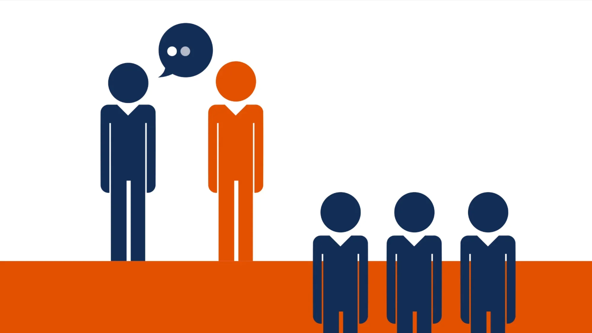 A blue and orange graphic illustrating stick figures with one figure speaking to another, used in the animation and motion graphics for the Network Rail Leader Business Simulation online learning tool.