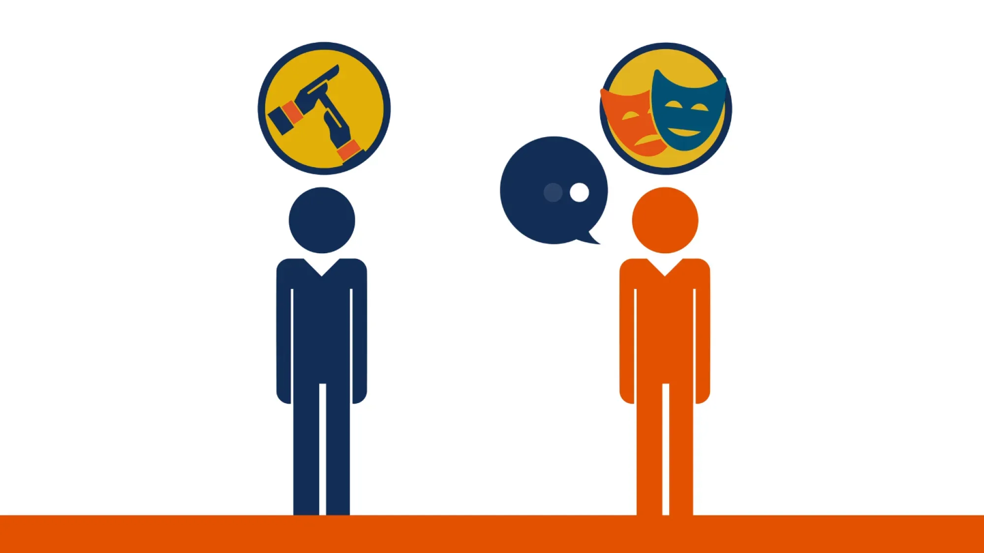 A blue and orange graphic with imagining bubbles speaking to one another, used in the animation for the Network Rail Leader Business Simulation online learning tool.